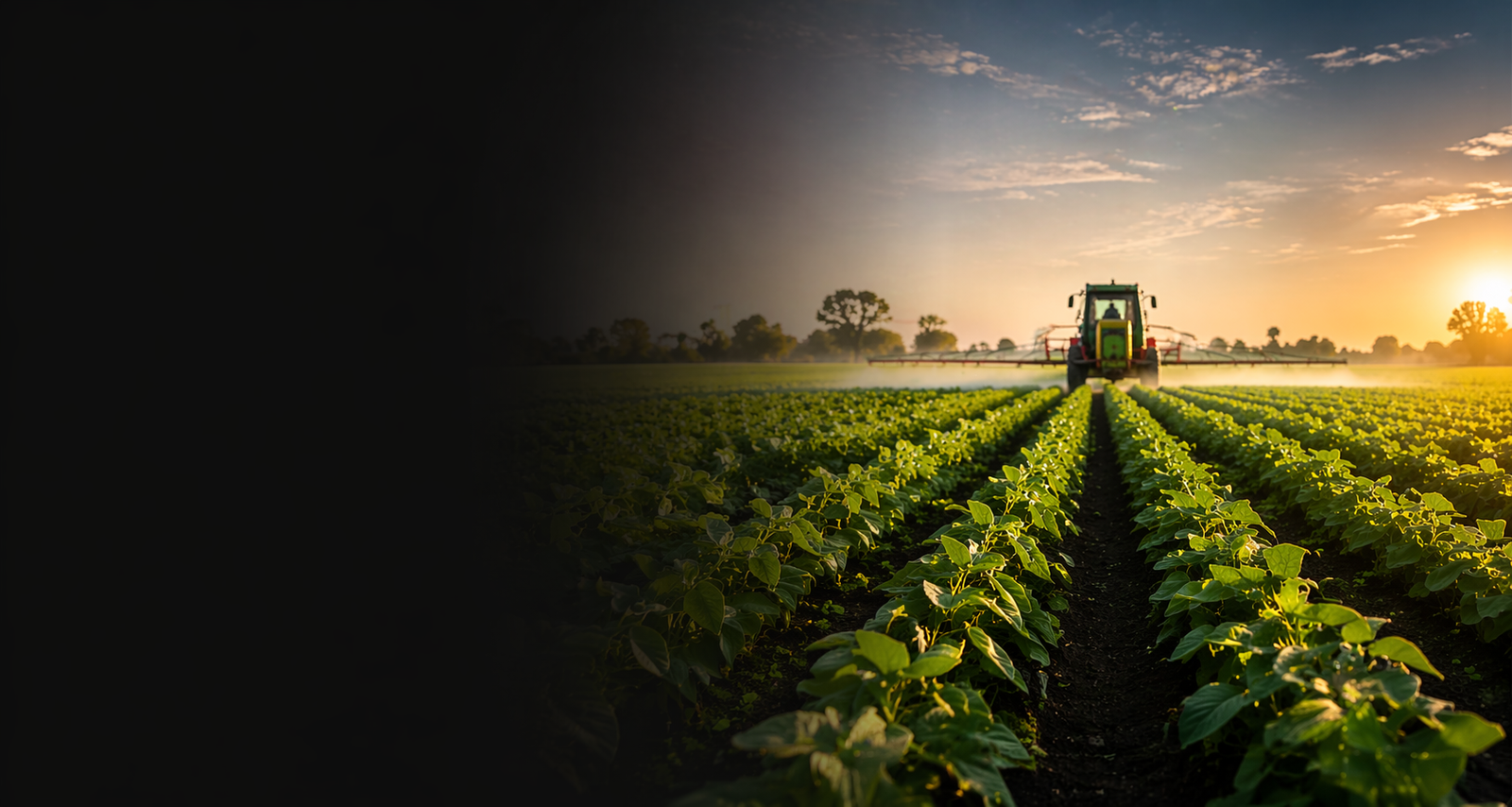 Tractor aplicando fertilizante foliar en campo chileno al atardecer