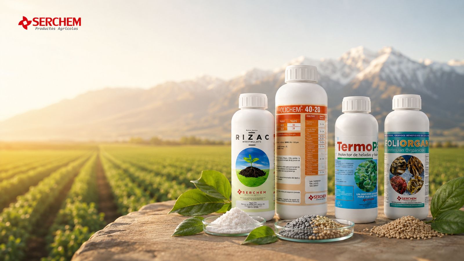 Productos SERCHEM sobre madera frente a un campo al amanecer