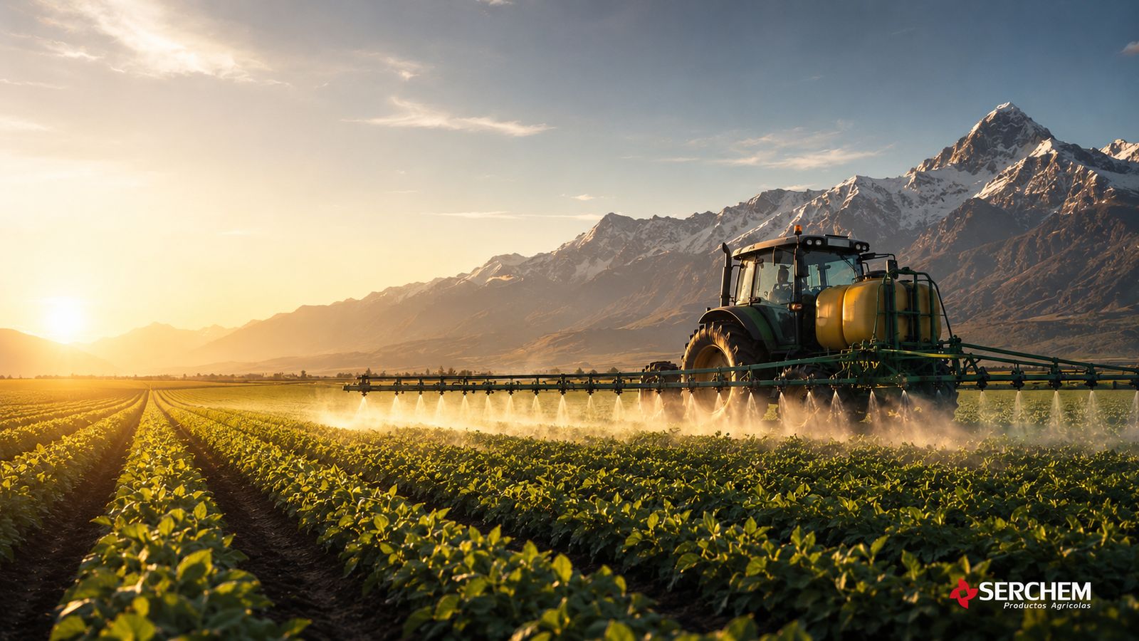 Tractor aplicando fertilizante foliar con la cordillera de fondo